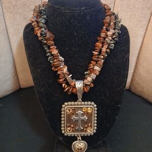Brown and Silver Cross Pendant Necklace